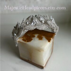 Silver Beaded Leaf Headband with Natural Pearls